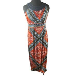 Sandra Darren red blue maxi halter handkerchief floral stretchy medium dress